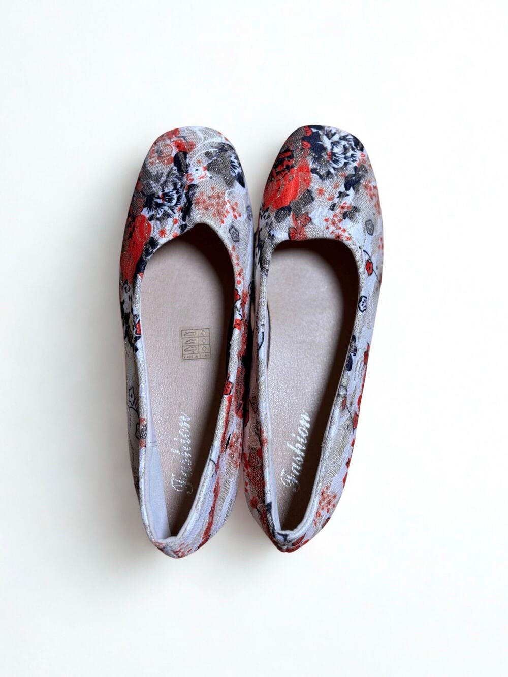 Metallic Threaded Floral Print Sparkly Square Toe Ballet Flats Size 10